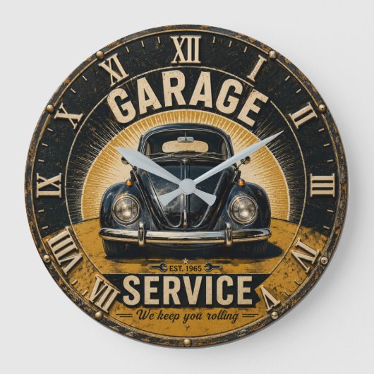Garage Service Classic Beetle Mechanic Workshop  ラージ壁時計 (正面)