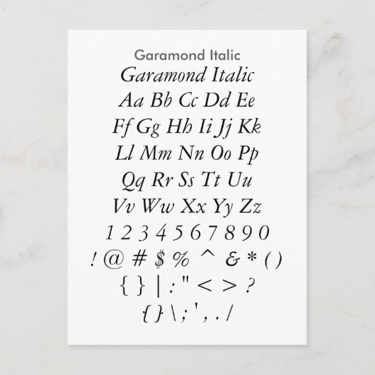 Garamond Italic - Zazzleフォントサンプラーシート ポストカード (正面)