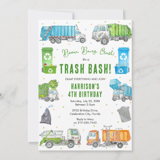 Garbage Trash Truck Birthday Invitation 招待状 (正面)