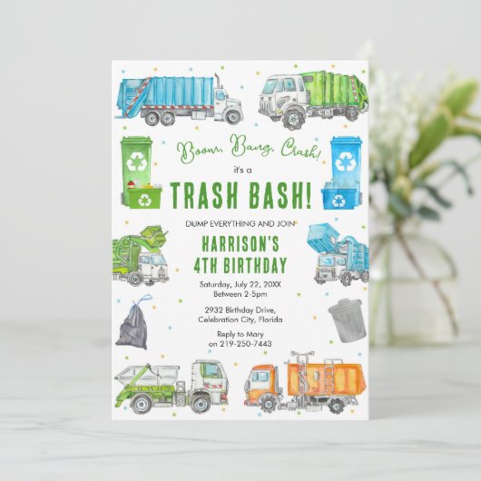 Garbage Trash Truck Birthday Invitation 招待状 (スタンド正面)
