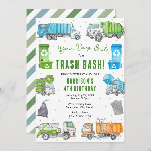 Garbage Trash Truck Birthday Invitation 招待状 (正面/裏面)