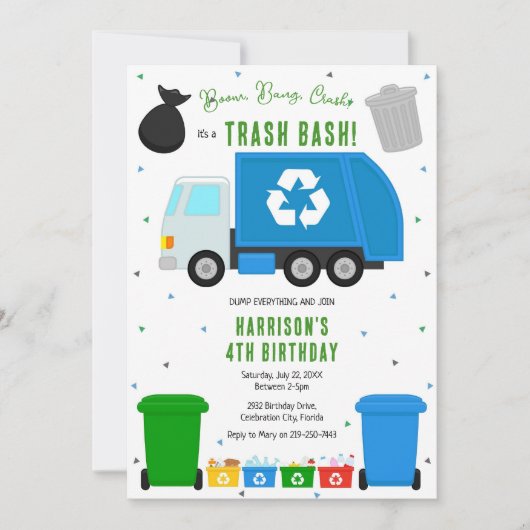 Garbage Trash Truck Birthday Invitation 招待状 (正面)
