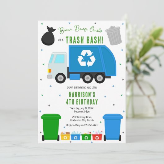 Garbage Trash Truck Birthday Invitation 招待状 (スタンド正面)