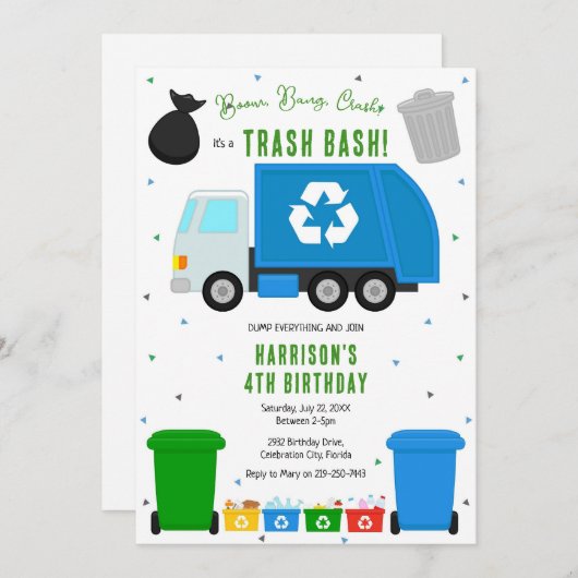 Garbage Trash Truck Birthday Invitation 招待状 (正面/裏面)