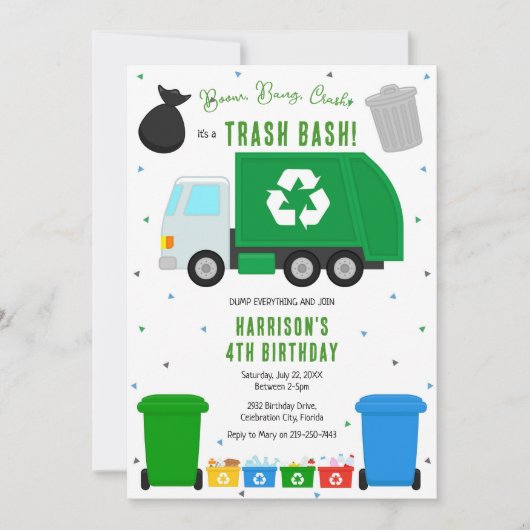 Garbage Trash Truck Birthday Invitation 招待状 (正面)