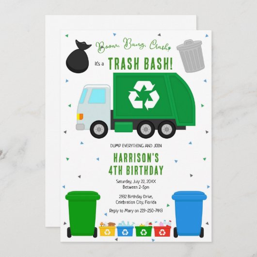 Garbage Trash Truck Birthday Invitation 招待状 (正面/裏面)