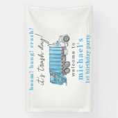 Garbage Trash Truck Blue Boys 1st Birthday Welcome 横断幕 (縦)