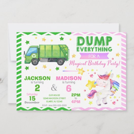 Garbage Truck and Unicorn Joint Birthday 招待状 (正面)