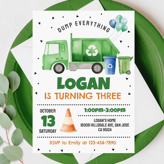 Garbage Truck Birthday Invitation 招待状