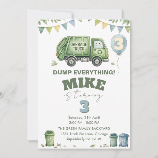 Garbage Truck Birthday Invitation 招待状 (正面)