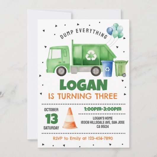 Garbage Truck Birthday Invitation 招待状 (正面)