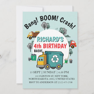 Garbage Truck Themed Kids Trash Party Birthday 招待状