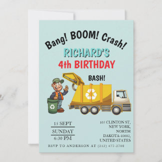 Garbage Truck Themed Kids Trash Party Birthday 招待状