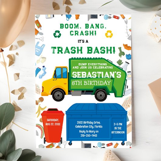 Garbage Truck Trash Bash Boy Birthday Invitation 招待状