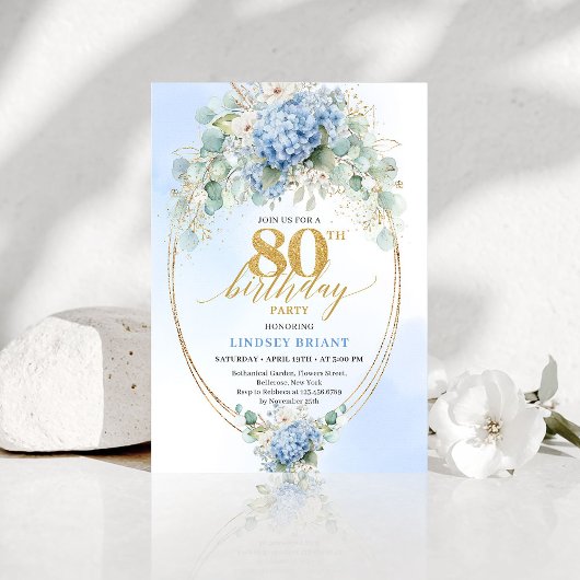 Garden Blue Floral Gold 80th Birthday Invitation 招待状