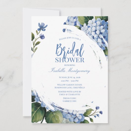 Garden Blue Hydrangea Bridal Shower 招待状 (正面)