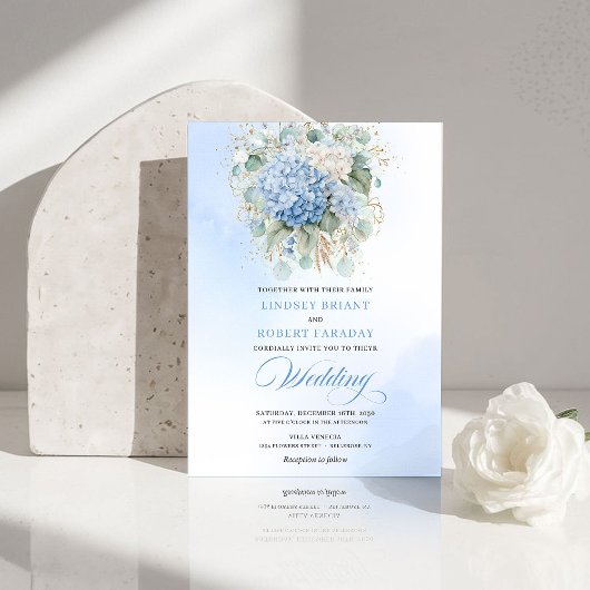 Garden Blue Hydrangea Eucalyptus Wedding Invites 招待状
