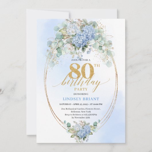Garden Blue Hydrangea Gold 80th Birthday Invites 招待状 (正面)