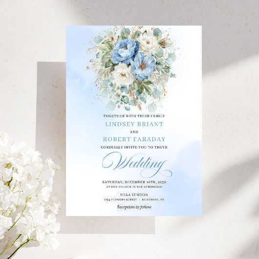 Garden Bohemian Pastel Blue White Peony Wedding 招待状