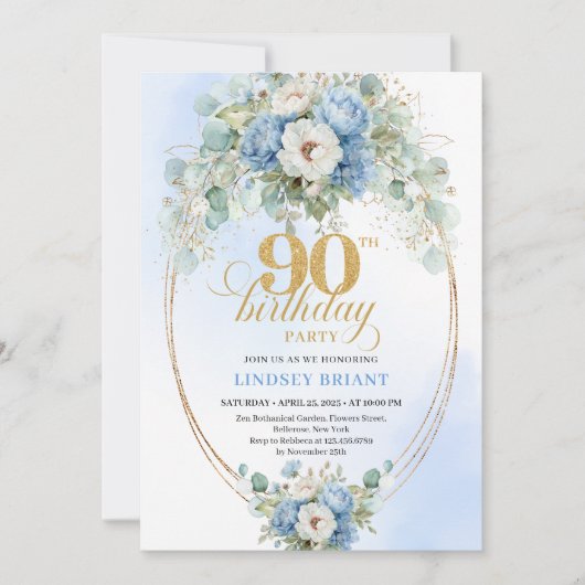 Garden Boho Blue Floral 90th Birthday Invite 招待状 (正面)