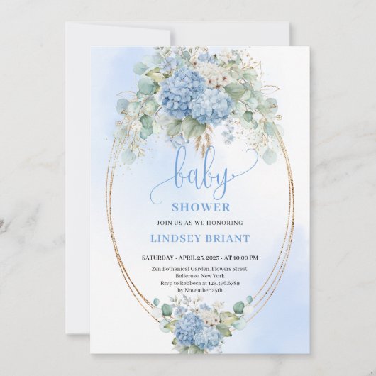 Garden Boho Blue Floral Baby Shower Invitation 招待状 (正面)
