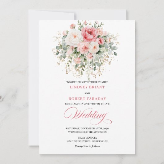 Garden Boho Blush Roses Wedding Invitation 招待状 (正面)