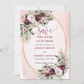Garden Boho Burgundy Blush Gold Roses Save Date 招待状 (正面)