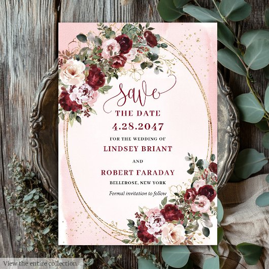 Garden Boho Merlot Blush Gold Roses Save the Date 招待状