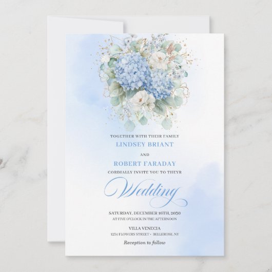 Garden Boho Pastel Blue Hydrangea Wedding Invite 招待状 (正面)