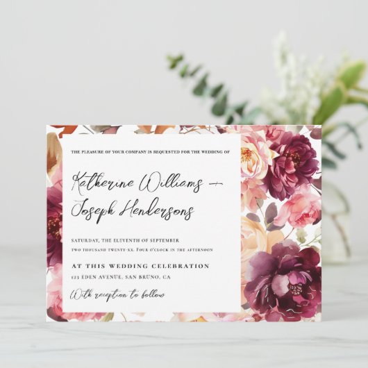 Garden Burgundy Script calligraphy Details Wedding 招待状 (スタンド正面)