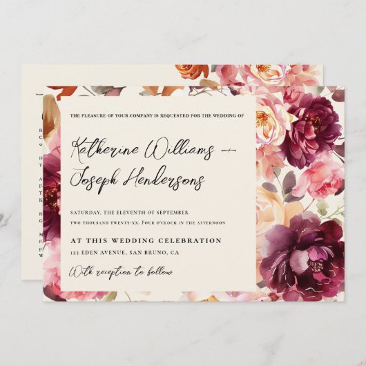 Garden Burgundy Script calligraphy Details Wedding 招待状 (正面/裏面)