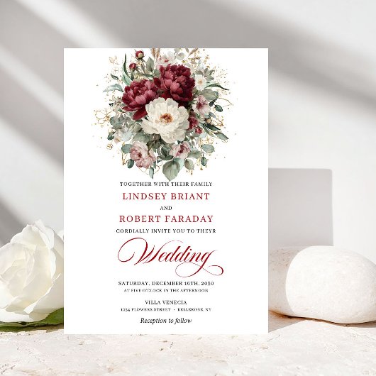 Garden Burgundy White Floral Wedding Invitation 招待状