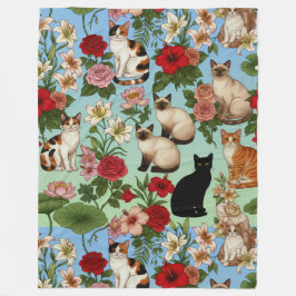 Garden Companions – Floral Cats in Bloom フリースブランケット