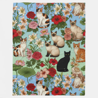Garden Companions – Floral Cats in Bloom フリースブランケット