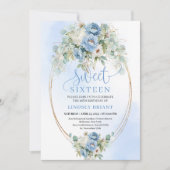 Garden Dusty Blue Floral Gold Sweet 16 Birthday  招待状 (正面)