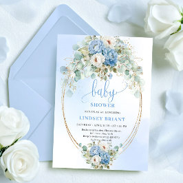 Garden Dusty Blue Flowers Greenery Baby Shower 招待状