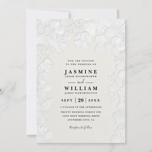 Garden Embossed Floral Elegant QR Code Wedding 招待状 (正面)