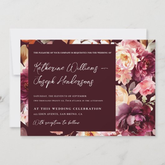 Garden Floral Burgundy Script calligraphy Wedding 招待状 (正面)