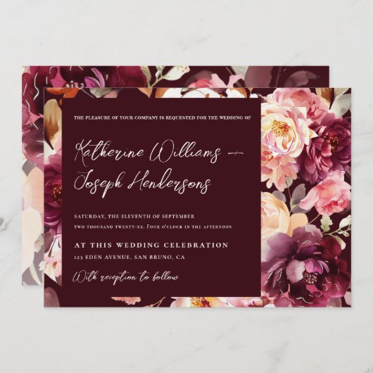 Garden Floral Burgundy Script calligraphy Wedding 招待状 (正面/裏面)