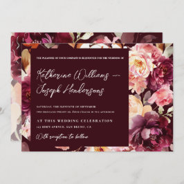 Garden Floral Burgundy Script calligraphy Wedding 招待状