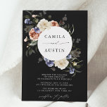 Garden Floral Circle Frame Black Wedding 招待状<br><div class="desc">CHANGEABLE BACKGROUND COLOR | This floral wedding invitation features a circle frame with watercolor flowers and leaves in white,  terracotta,  blue violet,  blush pink,  and green. For more advanced customization of this design,  please click the BLUE DESIGN TOOL BUTTON above!  Matching items are also available.</div>