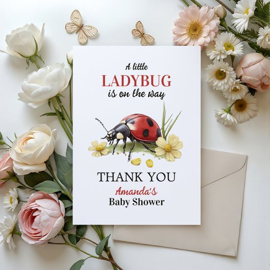 Garden Floral Daisy Little Ladybug Baby Shower サンキューカード