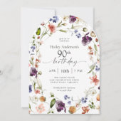 Garden Flowers Botanical Script 90th Birthday 招待状 (正面)
