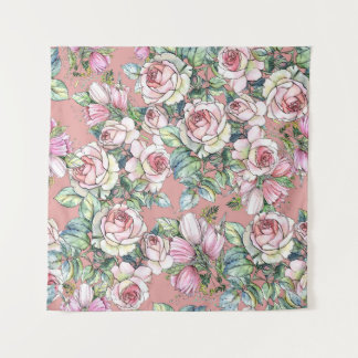 Garden flowers rose with tulips painted in waterco タペストリー