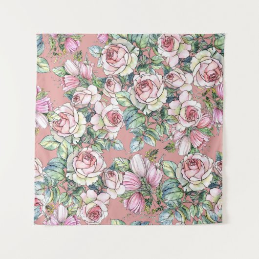 Garden flowers rose with tulips painted in waterco タペストリー (正面)