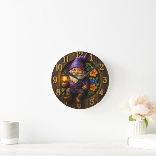 Garden Gnome with Lantern Wall Clock ラウンド壁時計 (ホーム)
