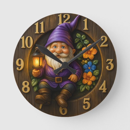 Garden Gnome with Lantern Wall Clock ラウンド壁時計 (正面)