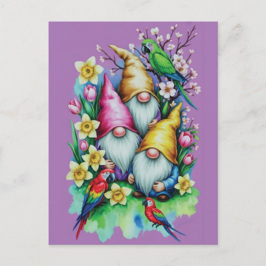 Garden Gnomes with Parrots and Spring Florals ポストカード (正面)