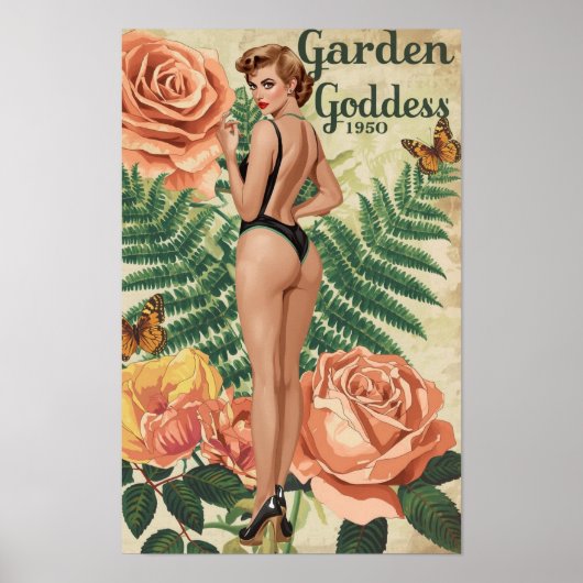 Garden Goddess 1950 – Retro Pin-Up Botanical Colla ポスター (正面)