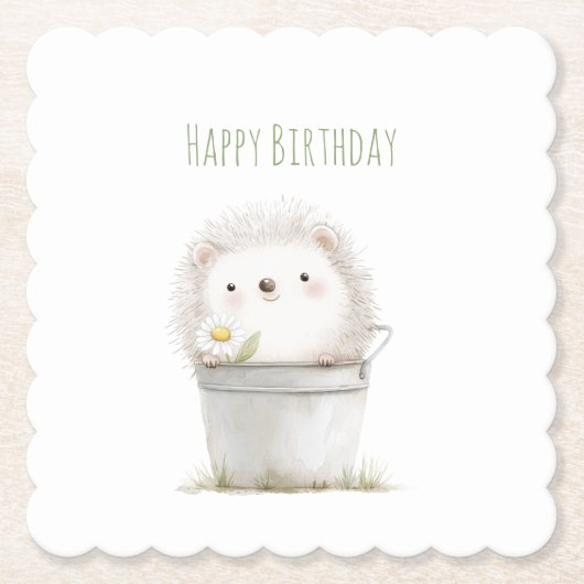 Garden Hedgehog with Daisy Flower Birthday ペーパーコースター (正面)